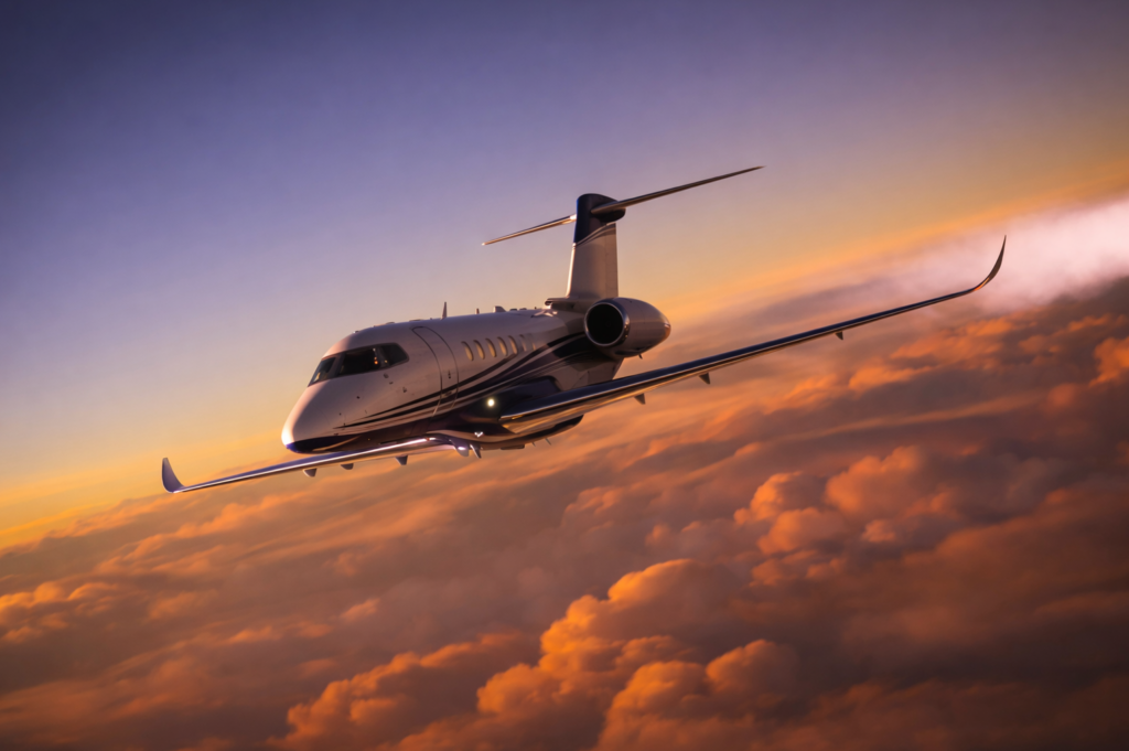 Luxury private jet flying above dark clouds at twilight with dramatic sunset horizon and modern cinematic lighting.