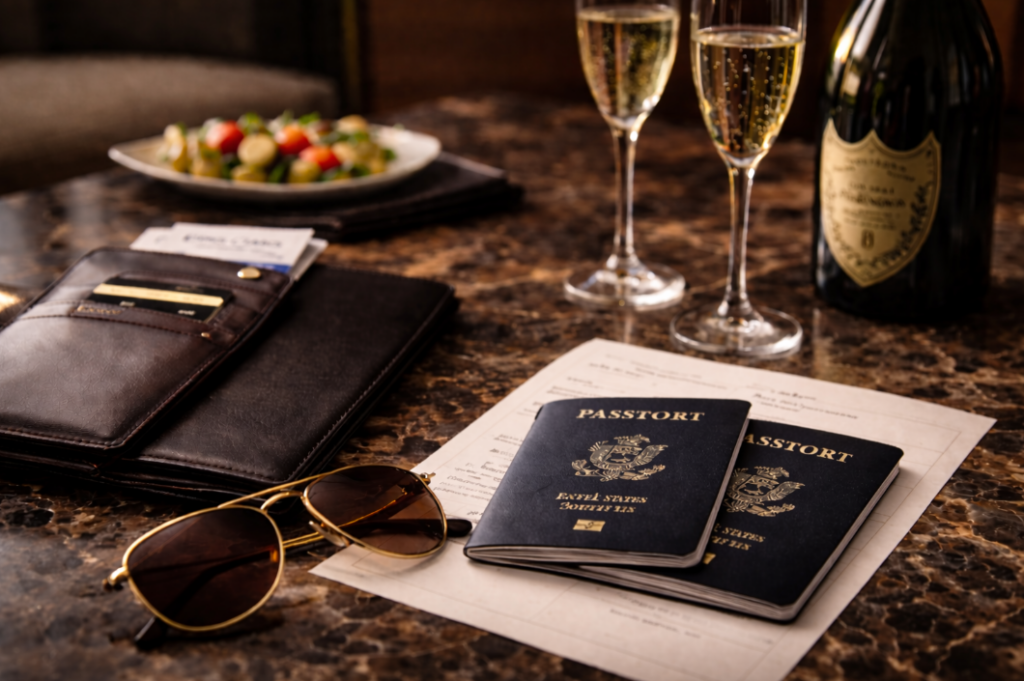 Two navy passports resting on a marble table beside boarding documents, sunglasses, a leather wallet, and champagne glasses, symbolizing elevated travel and exclusive membership benefits.