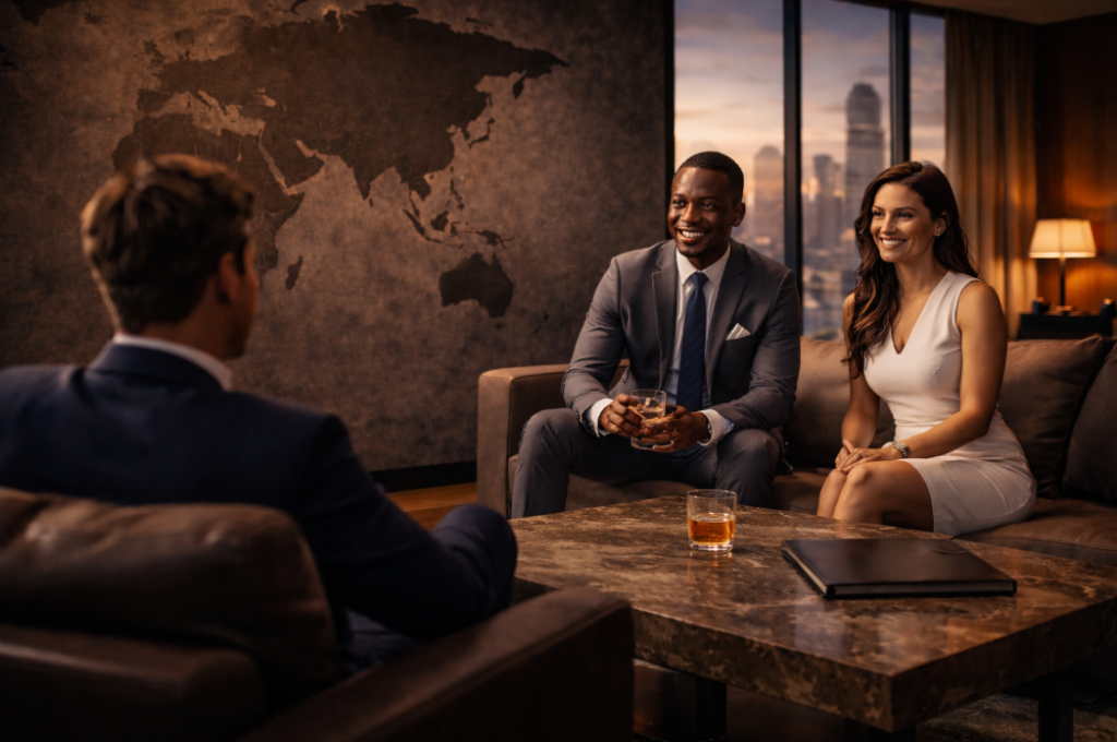Three professionally dressed business executives seated in a luxury high-rise lounge discussing strategy, with a world map backdrop and city skyline at sunset.